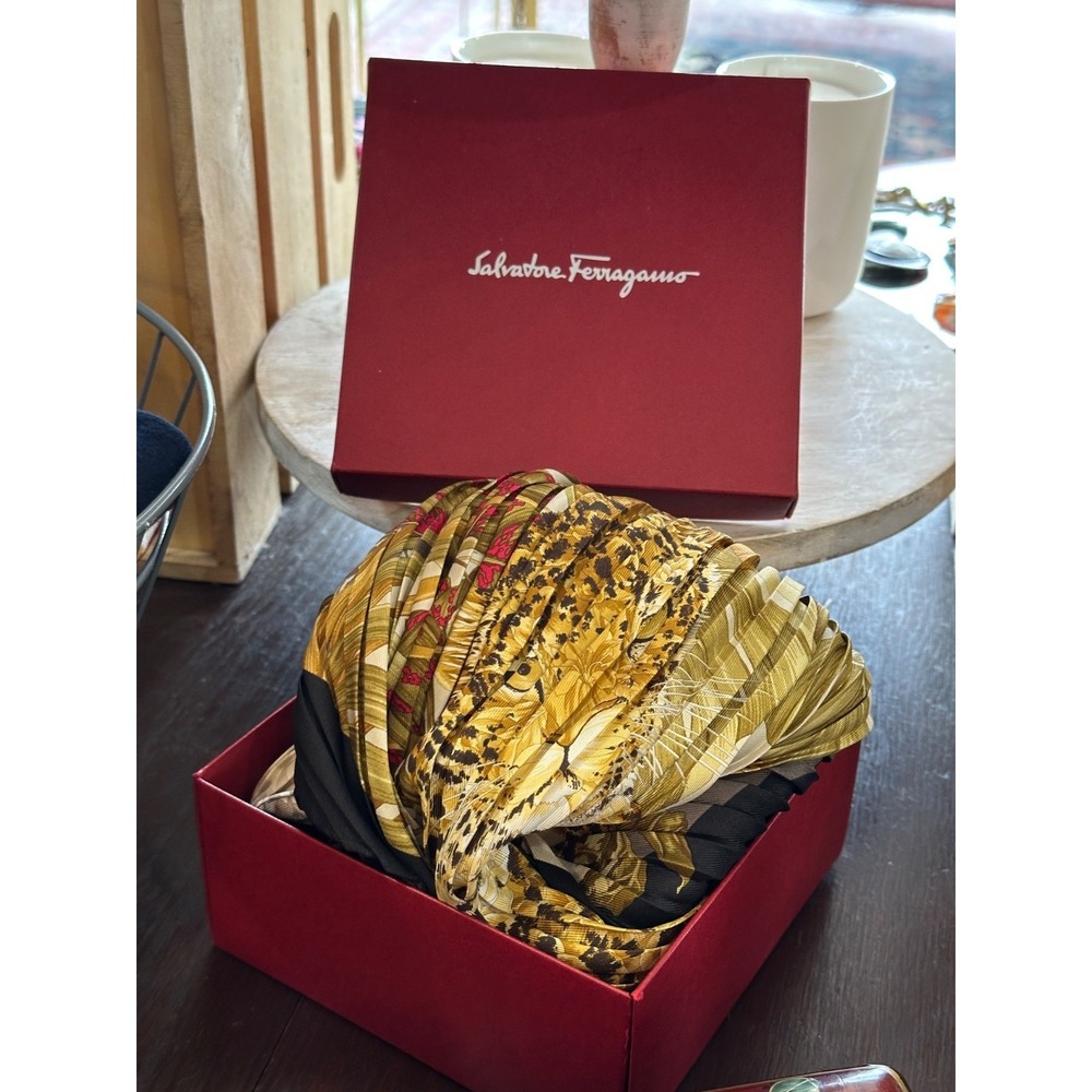 Salvatore Ferragamo Pleated Leopard Jungle Print Silk Scarf